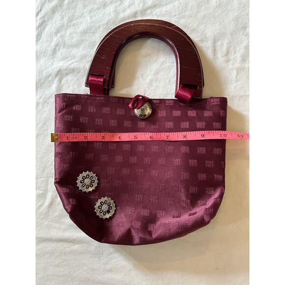 Vintage Maroon Satin Handbag with Wood Handles | Retro Boho Bag - Picture 3 of 6